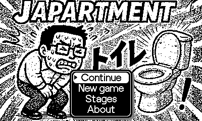 Title screen menu: Continue, New game, Stages, About