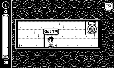Ric picks up a roll of toilet paper; a bubble says Got TP!